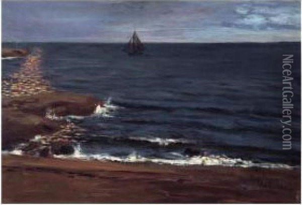 Merimaisema Kuun Valossa (seascape In Moonlight) Oil Painting - Hugo Simberg