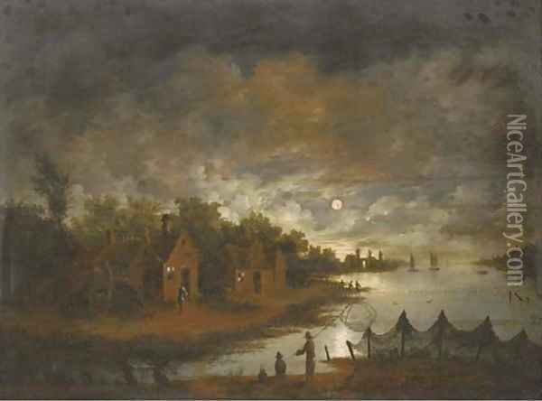A moonlit river landscape with fishermen by the bank Oil Painting - Aert van der Neer