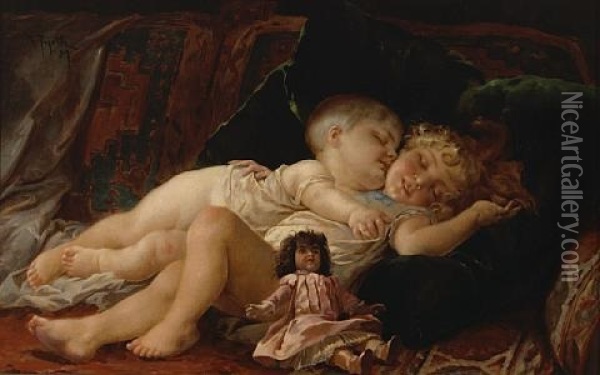 Sleeping Playmates Oil Painting - Virgilio Tojetti
