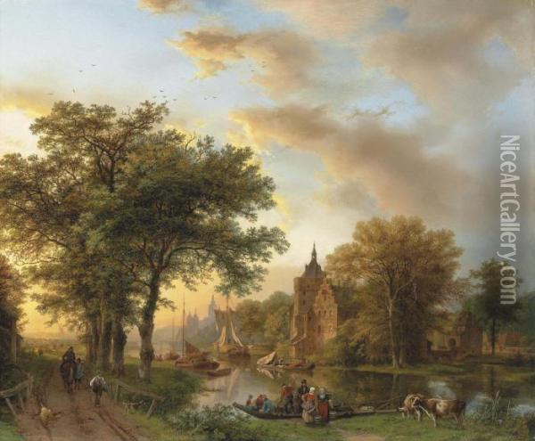 A River Landscape In Holland At Sunset Oil Painting - Barend Cornelis Koekkoek