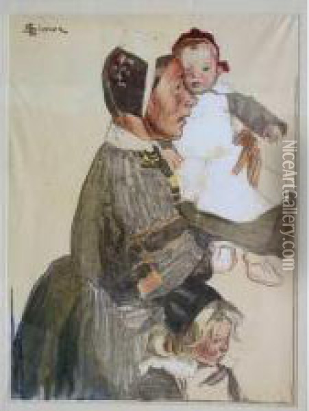 Bretonne Conduisant Ses Enfants Oil Painting - Lucien Simon