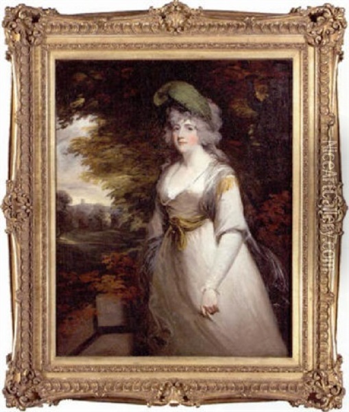 Portrait Of Lady Boothby In A Grey Dress And With A Plume In Her Hair, A Landscape Beyond Oil Painting - Sir John Hoppner