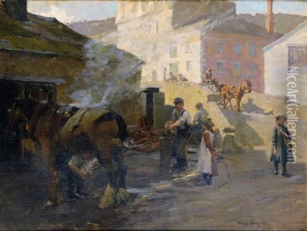 The Blacksmith's Forge, Newlyn Oil Painting - Harold Harvey