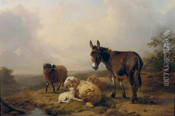 A Donkey And Sheep On A Hilltop Oil Painting - Eugene Joseph Verboeckhoven