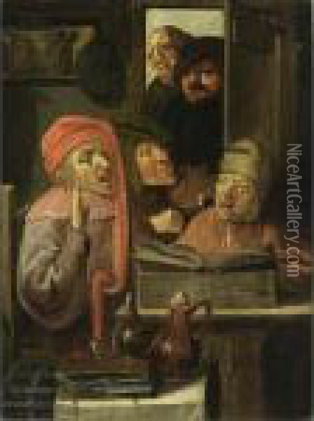 Three Men In An Interior Singing
 And Playing The Violin, With Two Others Watching Through A Doorway Oil Painting - Adriaen Brouwer