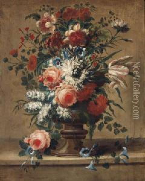Flowers In A Vase On A Stone Ledge Oil Painting - Jan-baptist Bosschaert