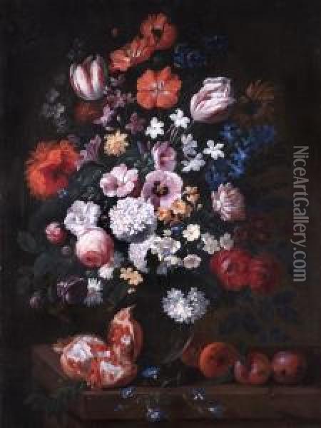 Grosses Blumenstilleben Mit Granatapfel Oil Painting - Philip Van Kouwenbergh