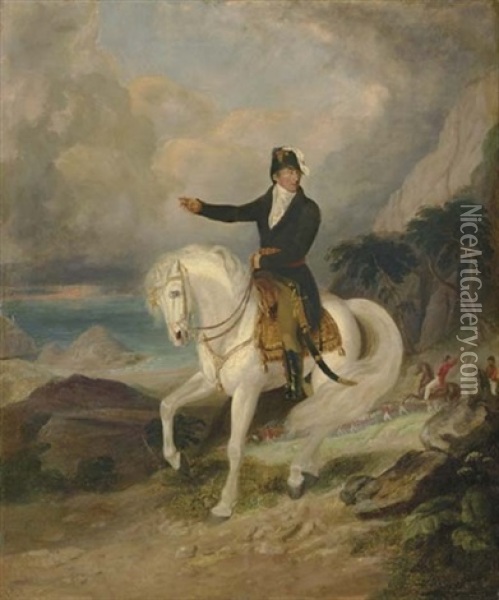 Equestrian Portrait Of The Duke Of Wellington, With Troops And A Coastal Landscape Beyond Oil Painting - James Stephanoff