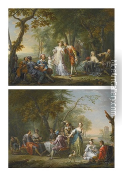 An Elegant Company Merrymaking In A Wooded Landscape; An Elegant Company Dining And Merrymaking In A Wooded Landscape, Near The Banks Of A River Oil Painting - Franz Christoph Janneck