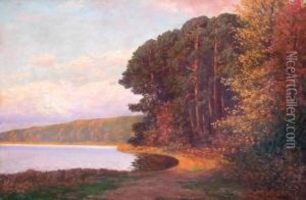 Baumbestandene Markische Seenlandschaft Bei Sommerlichem Sonnenuntergang Oil Painting - Rudolf Hellgrewe