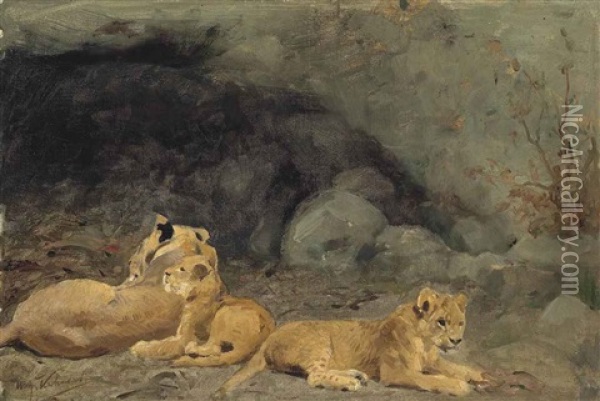 A Lioness And Her Cubs Oil Painting - Wilhelm Friedrich Kuhnert
