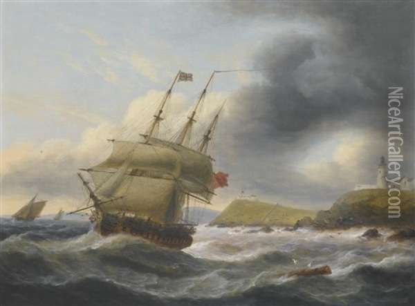 Portsmouth From Spithead; The Entrance To Cork Harbour Oil Painting - Thomas Luny