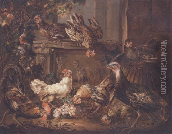 A Turkey, A Cockerel And Hens Eating Grapes By A Bas Relief Oil Painting - Giovanni (Crivellino) Crivelli