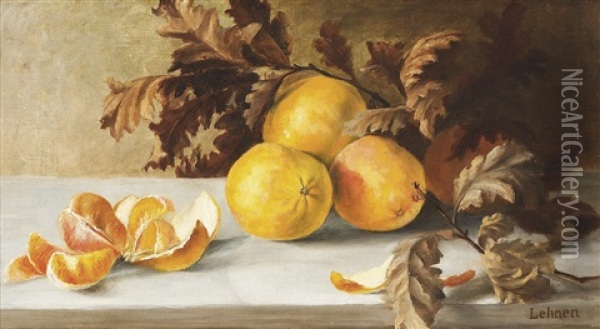 Stillleben Mit Orangen Und Eichenlaub Oil Painting - Jakob Lehnen