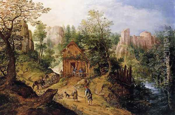 Mountain Valley with Inn and Castle 1593 Oil Painting - Pieter Stevens