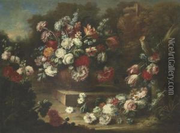 Roses, Tulips, Carnations And 
Other Flowers In An Urn, With Otherflowers Beside, In A Landscape Oil Painting - Gasparo Lopez