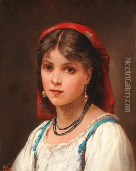 Portrait Of A Girl From The Mediterranean Oil Painting - Charles Baptiste Schreiber