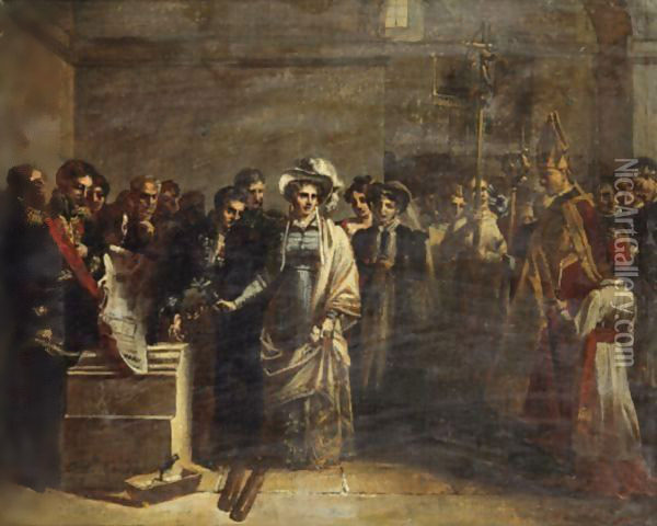 The Duchess Of Angouleme Placing The First Stone Of The Building Raised In Memory Of The Quiberon Victims Oil Painting - Louis Charles Auguste Couder