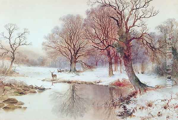 Snowy Landscape with Deer Oil Painting - Arthur Willett