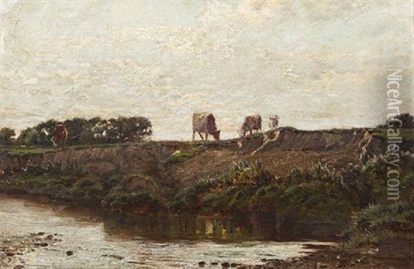 Cattle On A Riverbank Oil Painting - Augustus Nicholas Burke
