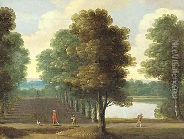 A wooded landscape with an elegant traveller in an avenue of trees by a lake Oil Painting - Isaac Van Oosten