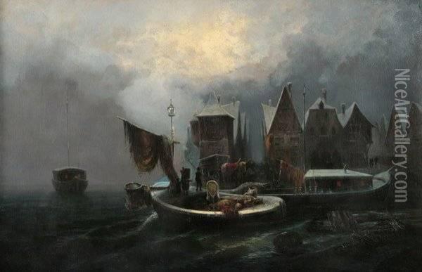 Fishing Vessels At Night Oil Painting - Rinaldo Saporiti