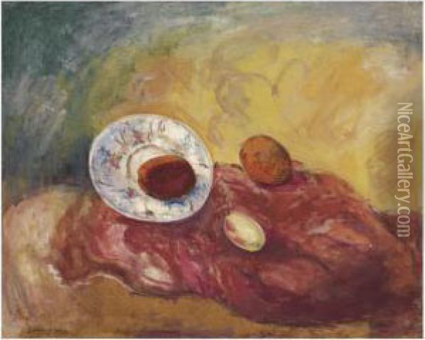 Fruit And Plate On A Red Background Oil Painting - David Petrovich Sterenberg