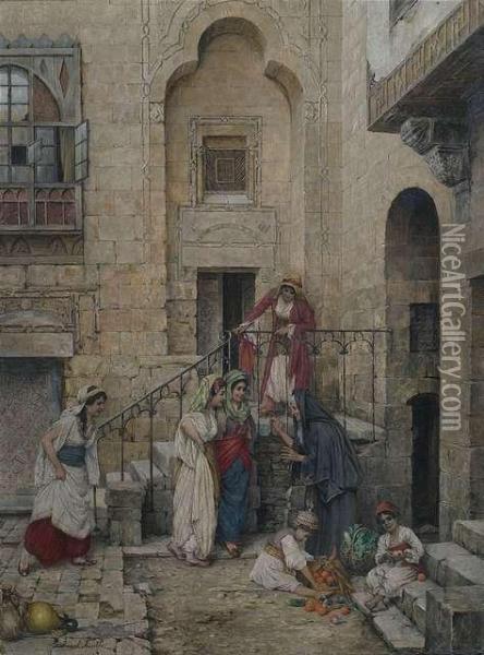 Harem Beauties In The Courtyard Of A Palace Oil Painting - Daniel Israel