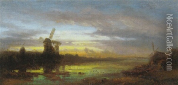Hollandische Landschaft Mit Windmuhlen Bei Einem Wasser Bei Sonnenuntergangsstimmung Oil Painting - Eduard Schleich the Elder