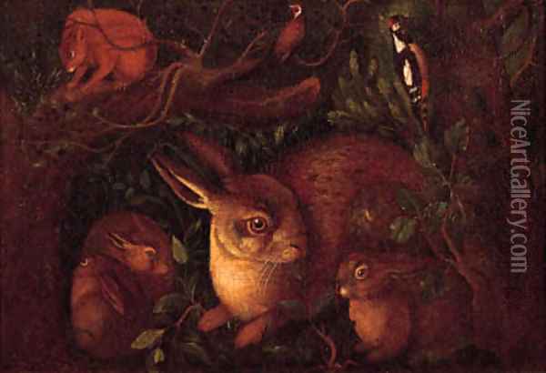 Hares in a forest with a squirrel Oil Painting - German School