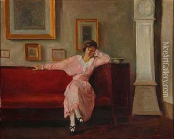 Interior With A Woman Sitting In A Couch Oil Painting - Poul Friis Nybo