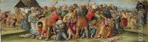 The Massacre Of The Innocents With The Adoration Of The Shepherds And The Adoration Of The Magi, Panel From A Predella Oil Painting - Luca Signorelli