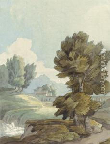 Italian Landscape With Buildings By A Stream Oil Painting - Francis Towne