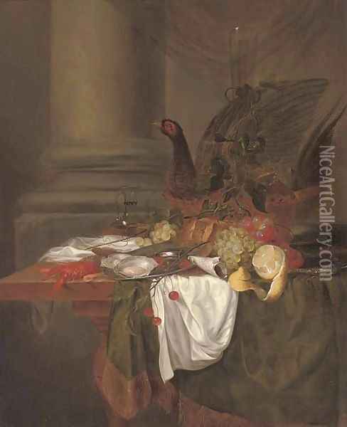 Pheasant pie, grapes, a partly-peeled lemon, oysters on a pewter dish, cherries, shrimp and a langoustine on a partly-draped table Oil Painting - Jan Davidsz. De Heem