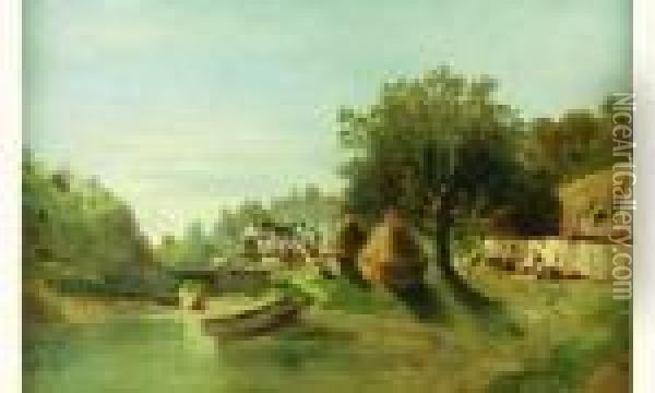 Vue Fantaisiste D'un Village Au Bord D'une Riviere Oil Painting - Eugene Deshayes