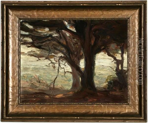 View Of The Ocean Through Cypress Trees Oil Painting - Jean Mannheim