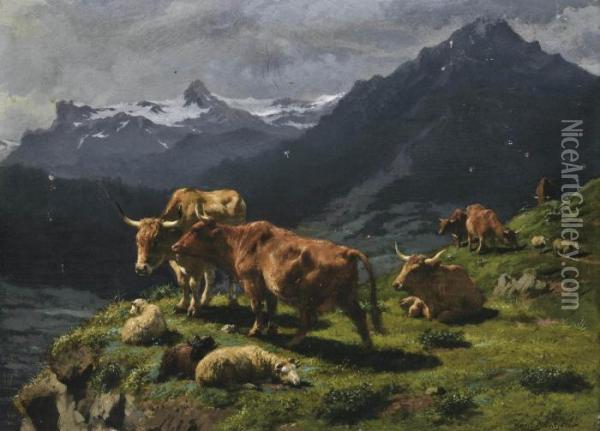 Cattle And Sheep In An Alpine Landscape Oil Painting - Rosa Bonheur