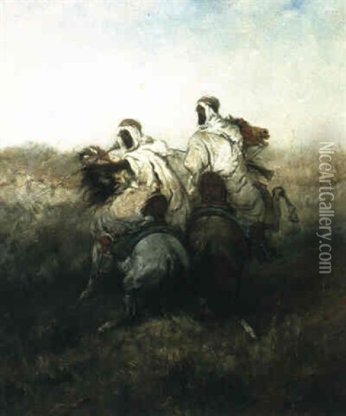Zwei Arabische Reiter Auf Der Flucht Oil Painting - Adolf Schreyer