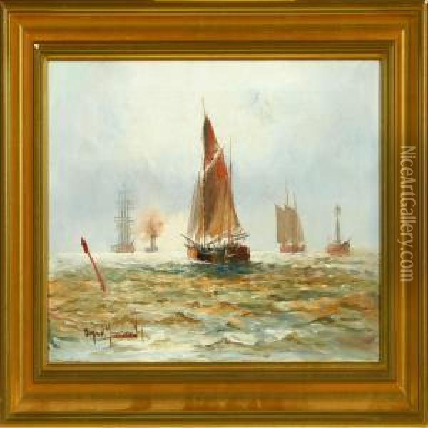 Ships At Sea By Alightship Oil Painting - Alfred Jensen