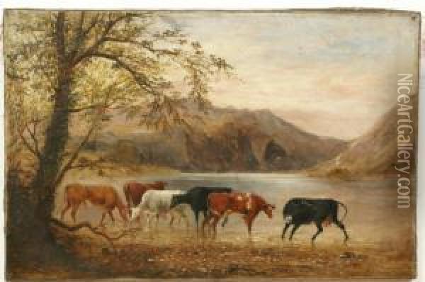 Cattle Watering, With Mountains Beyond Oil Painting - Richard Dodd Widdas