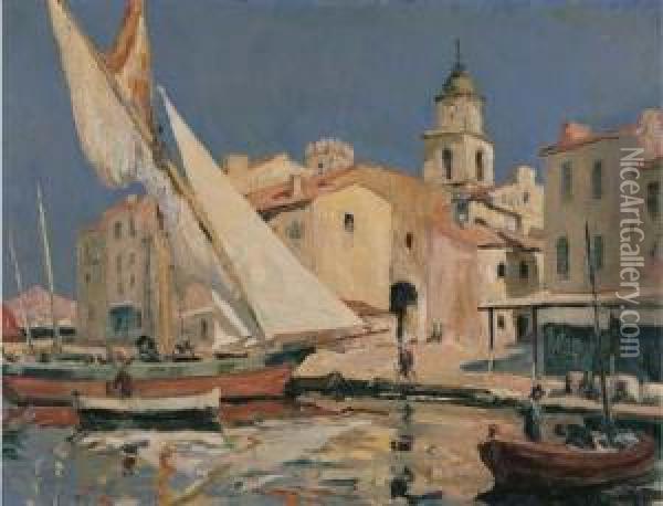 Boats At St. Tropez Oil Painting - Jules Eugene Pages