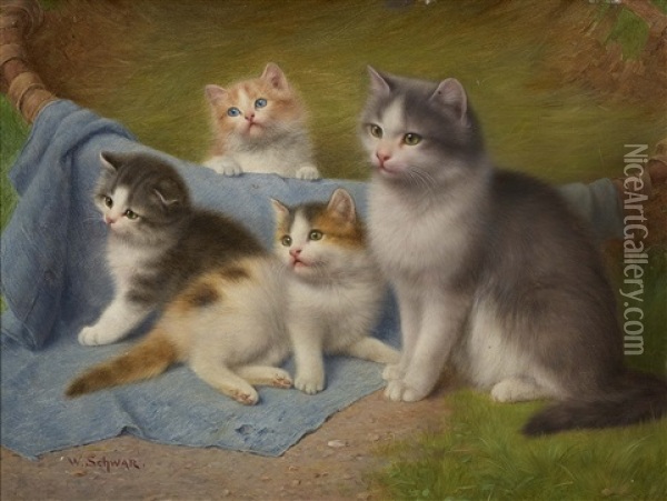 Katzenmutter Mit Ihren Drei Jungen Oil Painting - Wilhelm Schwar