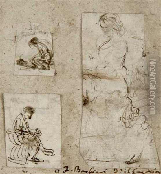 Trois Etudes Sur Le Meme Montage : Femme En Pied Et Deux Etudes D'homme Assis Oil Painting - Guercino
