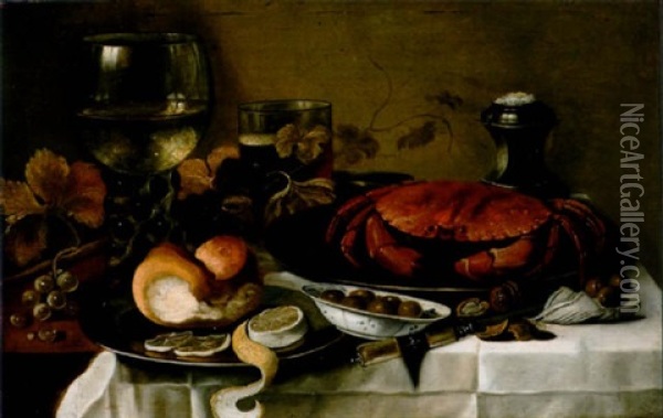 A Roemer Of White Wine, A Lobster On A Pewter Salver, Bread And A Peeled Lemon, A Porcelain Dish With Olives, A Glass Of Beer, A Salt-cellar With Walnuts And Grapes Oil Painting - Cornelis Cruys
