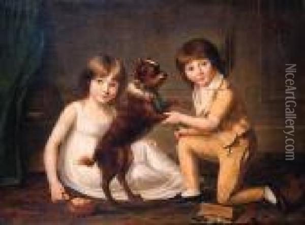 Double Portrait Of A Girl And A 
Boy, Full Lengths, Playing With Adog In An Interior, She Wearing A White
 Dress, He Wearing An Ocresuit With Lace Collar Oil Painting - Louis Leopold Boilly