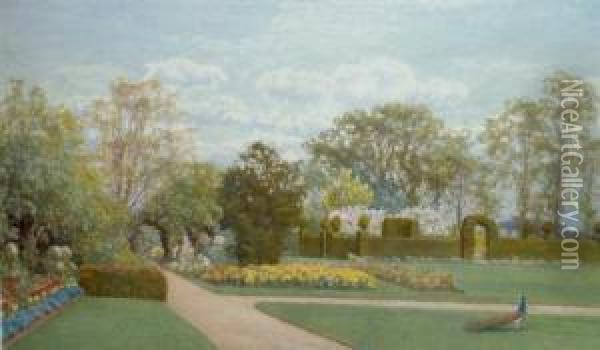 Expansive Garden With A Peacock Oil Painting - Thomas Hunt