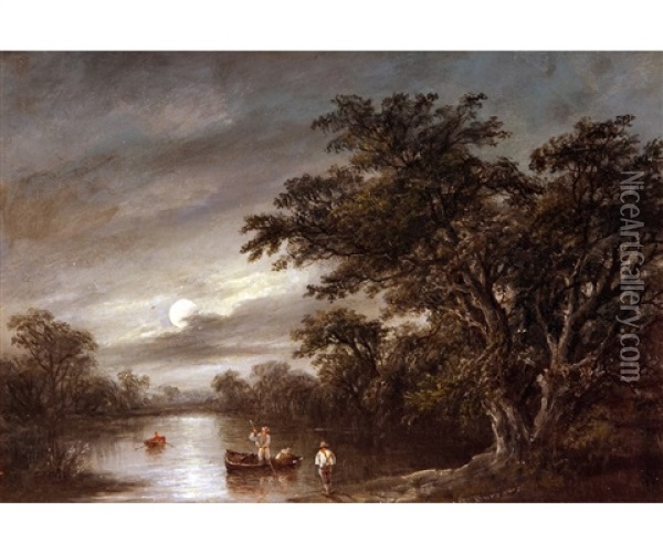 Moonlight Scene On The River Orwell With Eel Fishermen Oil Painting - Robert Burrows