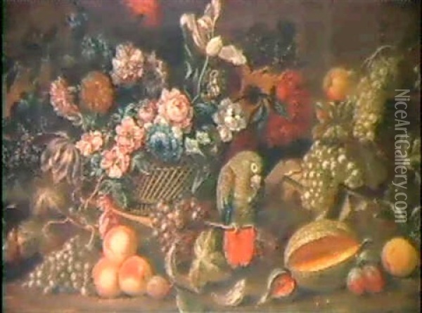 Stilleben Mit Blumen, Fruchtenund Papagei Oil Painting - Jakob Bogdani