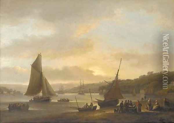 Shipping on the River Dart at Dittisham with women selling fish in the foreground Oil Painting - Thomas Luny