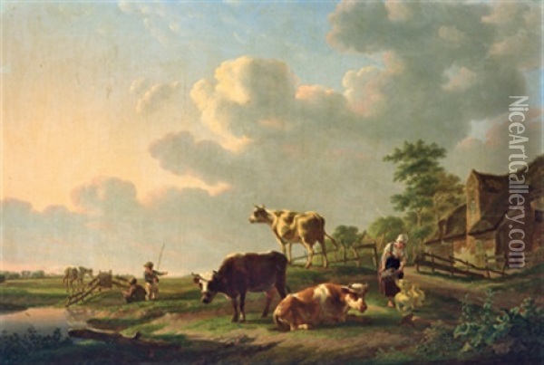 Weideidylle Mit Kuhen, Pferd Und Kleinen Anglern Oil Painting - Gillis Smak Gregoor